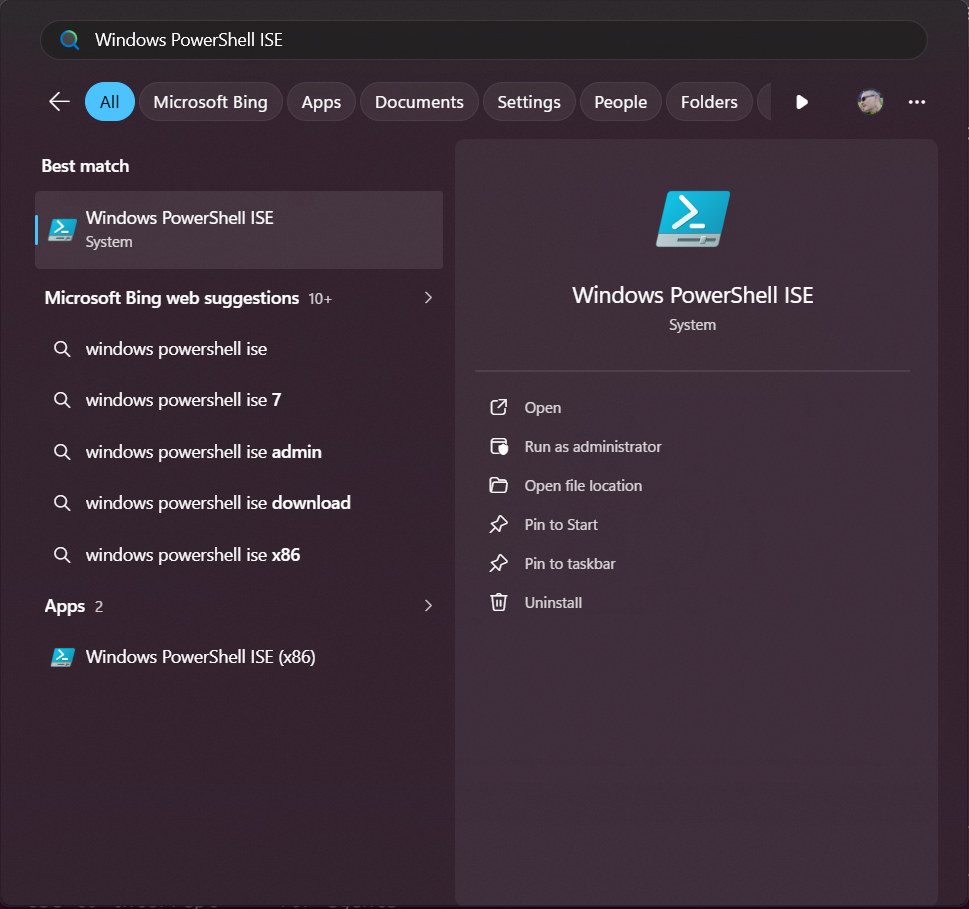 Windows-søgning med Windows PowerShell ISE som bedste resultat
