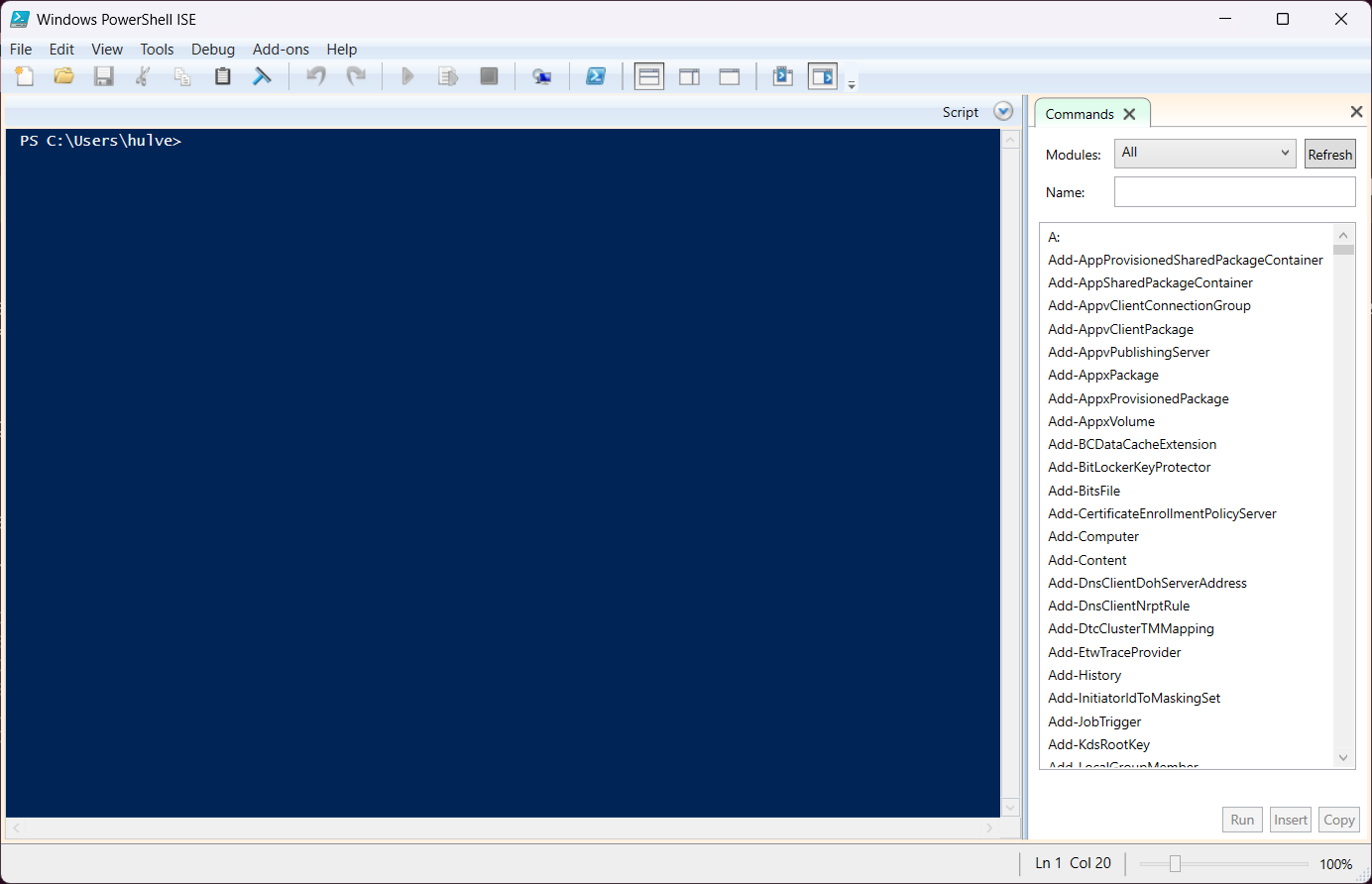 PowerShell ISE lige efter start med blå konsol og Commands-panel