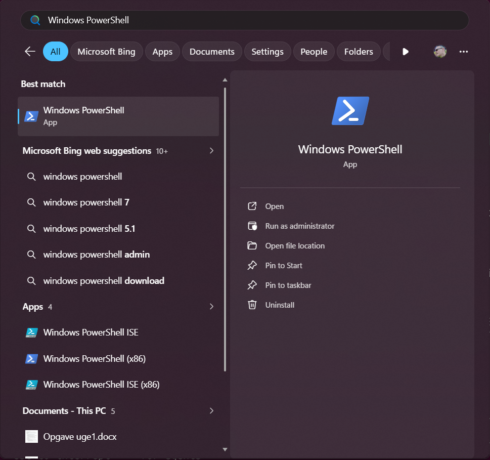 Windows-søgning med Windows PowerShell som bedste resultat